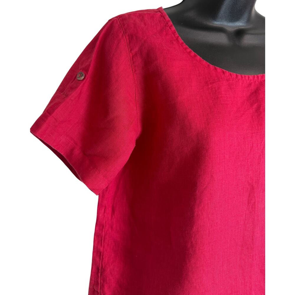 Kleen 100% Linen Red Blouse Womens Small Roll Tab Sleeve Lightweight Summer Top - Picture 2 of 8